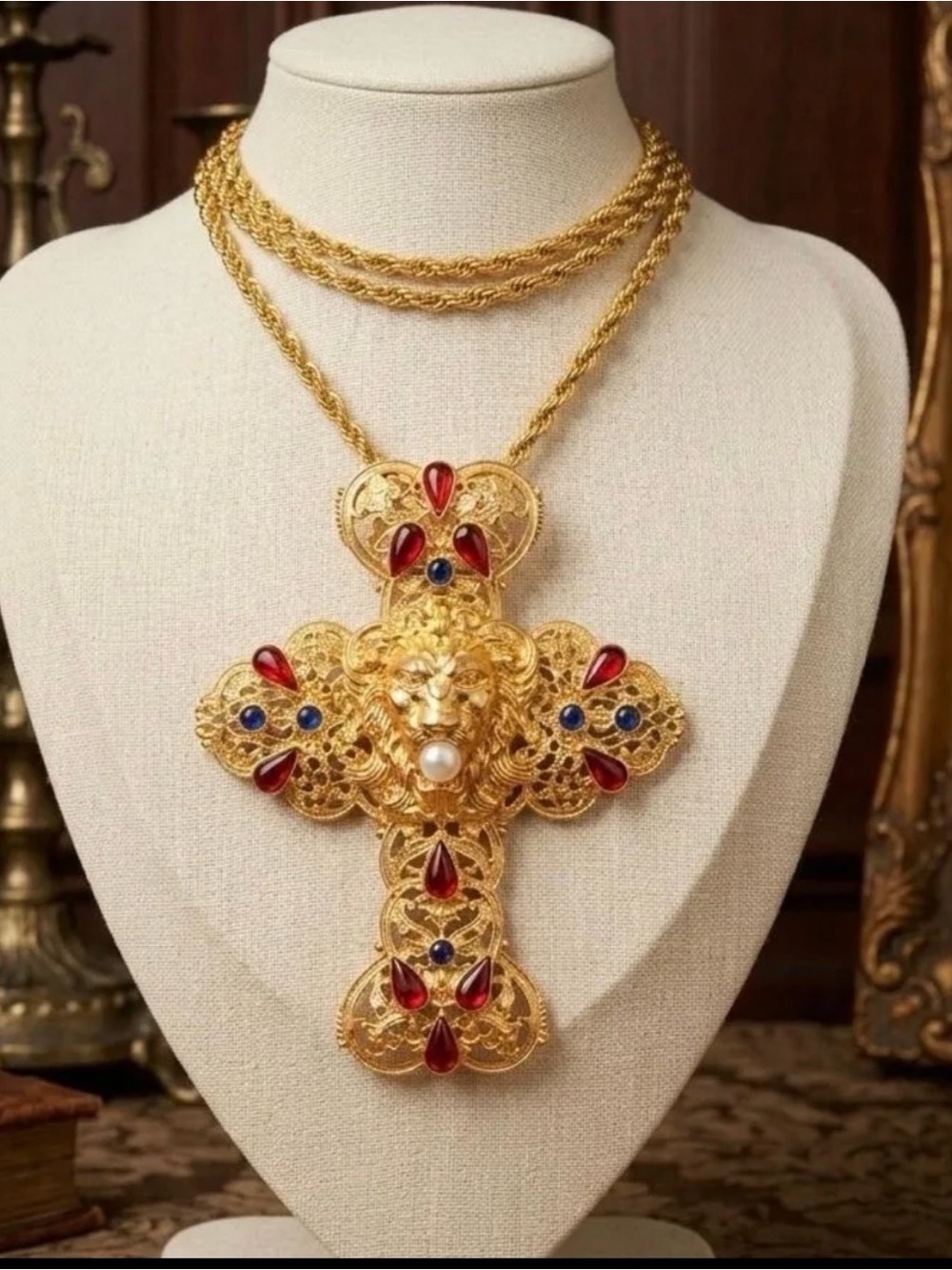 Monet Gold Rope Necklace w/ Vintage-Inspired Lion Cross Motif Pendant/Brooch - Picture 3 of 5